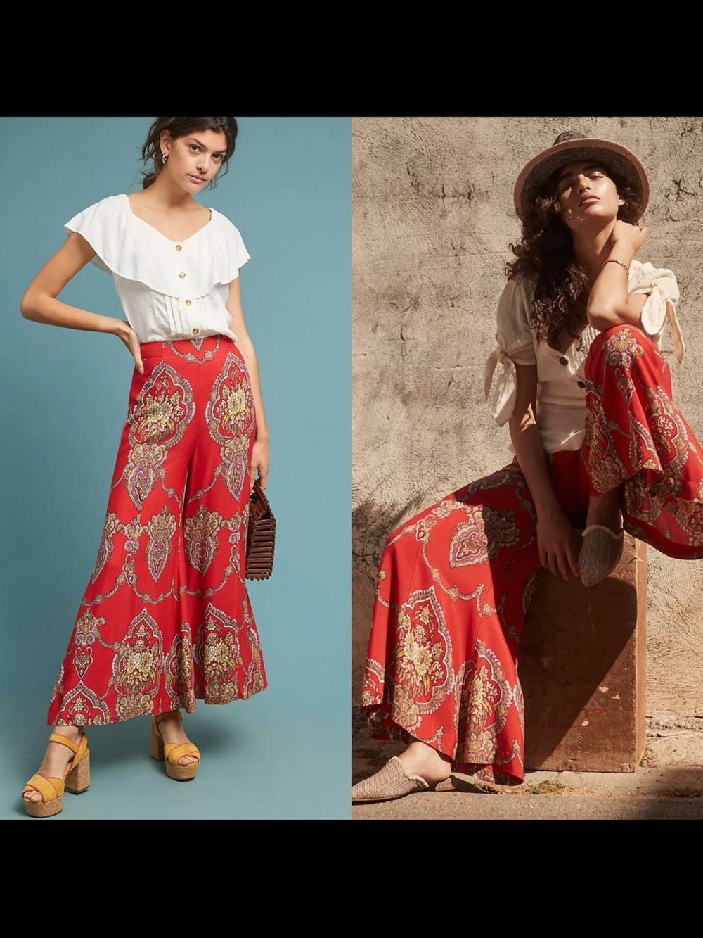 Anthropologie Red Paisley-Print Wide-Leg Palazzo Pants